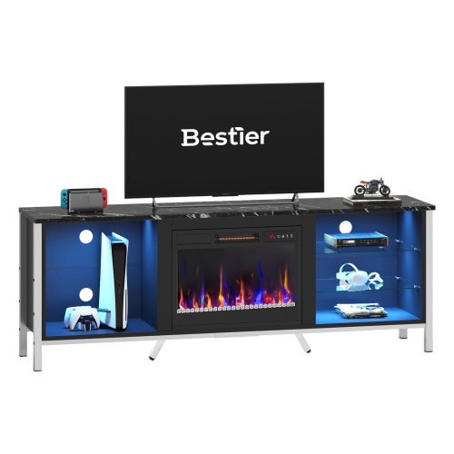 Bestier Fireplace TV Stand for 70/75 inch TV, Gaming LED Entertainment Center with 23 inch Electric Fireplace for PS5, Modern TV Console with Adjusta