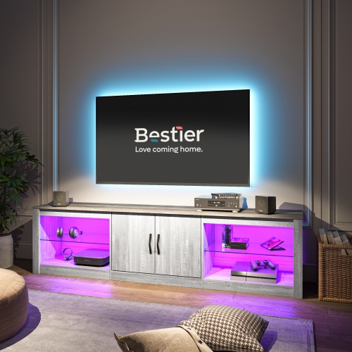 Bestier 70 Inch Led TV Stand for 75 Inch TV Large Entertainment Center Gaming with Adjustable Glass Shelves Two Cabinets Modern TV Console for Living