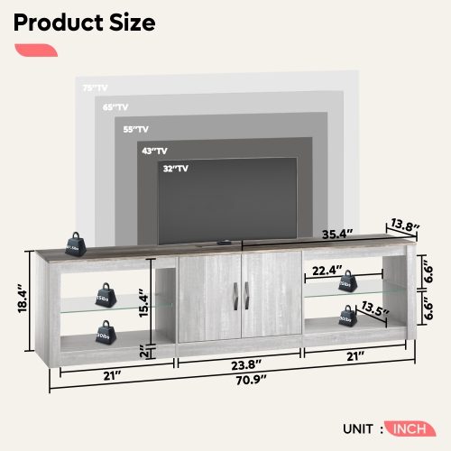 Bestier 70 Inch Led TV Stand for 75 Inch TV Large Entertainment Center Gaming with Adjustable Glass Shelves Two Cabinets Modern TV Console for Living
