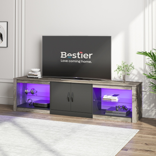 Bestier 70 Inch Led TV Stand for 75 Inch TV Large Entertainment Center Gaming with Adjustable Glass Shelves Two Cabinets Modern TV Console for Living
