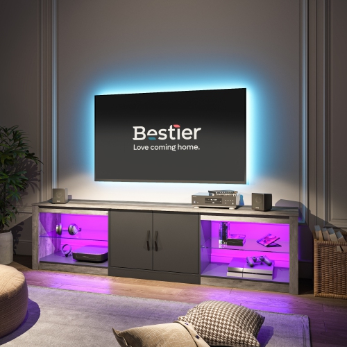 Bestier 70 Inch Led TV Stand for 75 Inch TV Large Entertainment Center Gaming with Adjustable Glass Shelves Two Cabinets Modern TV Console for Living