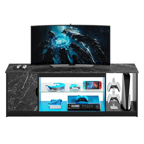 Bestier LED TV Stand for PS5, Modern Gaming Entertainment Center Cabinet for 65 inch TV, Easily Assemble TV Console with Adjustable Glass Shelf for