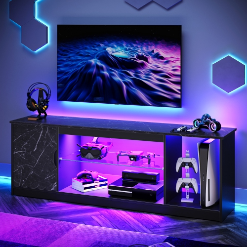 Bestier LED TV Stand for PS5, Modern Gaming Entertainment Center Cabinet for 65 inch TV, Easily Assemble TV Console with Adjustable Glass Shelf for