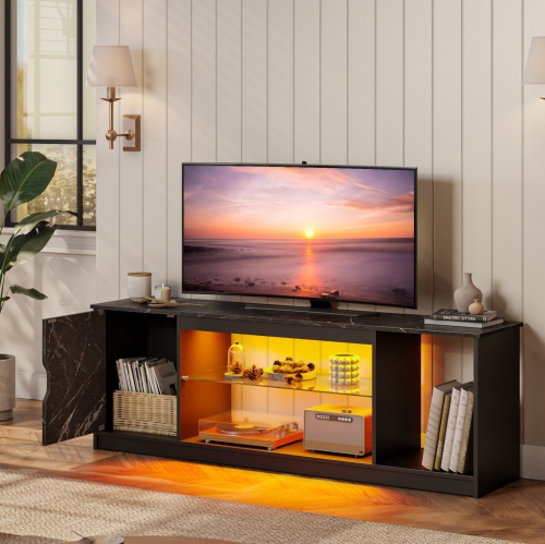 Bestier LED TV Stand for PS5, Modern Gaming Entertainment Center Cabinet for 65 inch TV, Easily Assemble TV Console with Adjustable Glass Shelf for