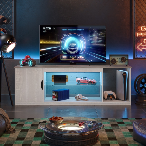 Bestier LED TV Stand for PS5, Modern Gaming Entertainment Center Cabinet for 65 inch TV, Easily Assemble TV Console with Adjustable Glass Shelf for