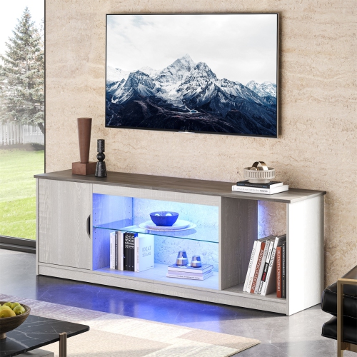 Bestier LED TV Stand for PS5, Modern Gaming Entertainment Center Cabinet for 65 inch TV, Easily Assemble TV Console with Adjustable Glass Shelf for