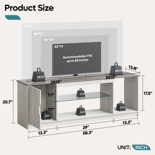 Bestier LED TV Stand for PS5, Modern Gaming Entertainment Center Cabinet for 65 inch TV, Easily Assemble TV Console with Adjustable Glass Shelf for
