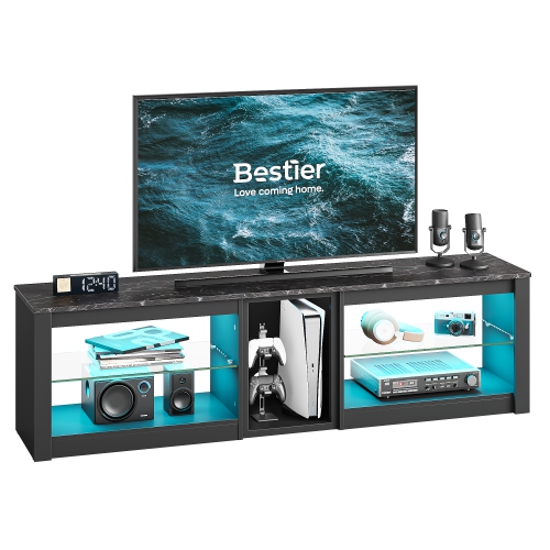 Bestier TV Stand for 70 inch TV, Gaming Entertainment Center for PS5, LED TV Cabinet with Glass Shelves for Living Room, 63'' Inch, Black Marble