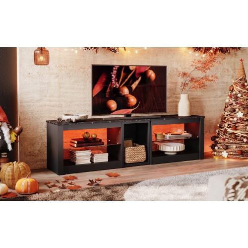 Bestier TV Stand for 70 inch TV, Gaming Entertainment Center for PS5, LED TV Cabinet with Glass Shelves for Living Room, 63'' Inch, Black Marble