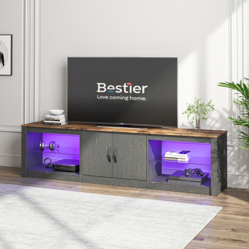 Bestier 70 Inch Led TV Stand for 75 Inch TV Large Entertainment Center Gaming with Adjustable Glass Shelves Two Cabinets Modern TV Console for Living
