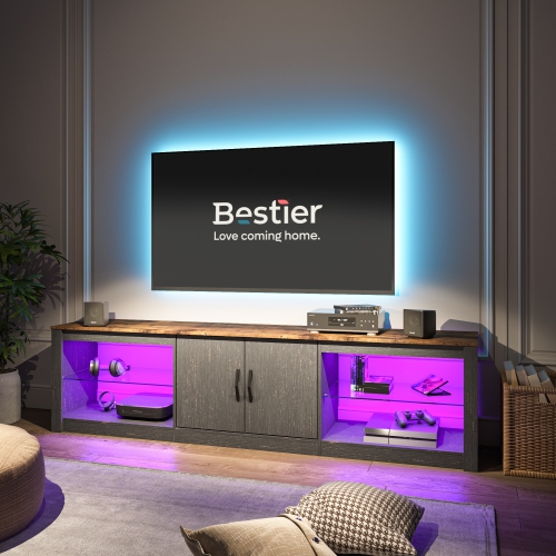 Bestier 70 Inch Led TV Stand for 75 Inch TV Large Entertainment Center Gaming with Adjustable Glass Shelves Two Cabinets Modern TV Console for Living