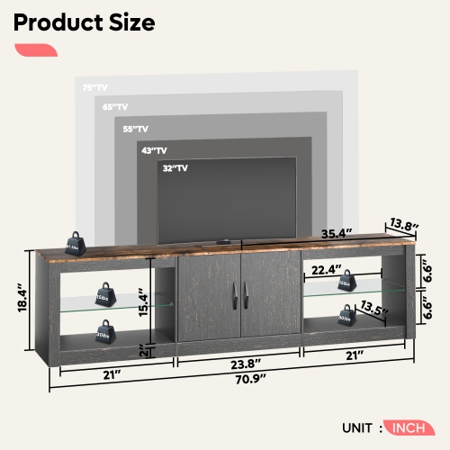 Bestier 70 Inch Led TV Stand for 75 Inch TV Large Entertainment Center Gaming with Adjustable Glass Shelves Two Cabinets Modern TV Console for Living