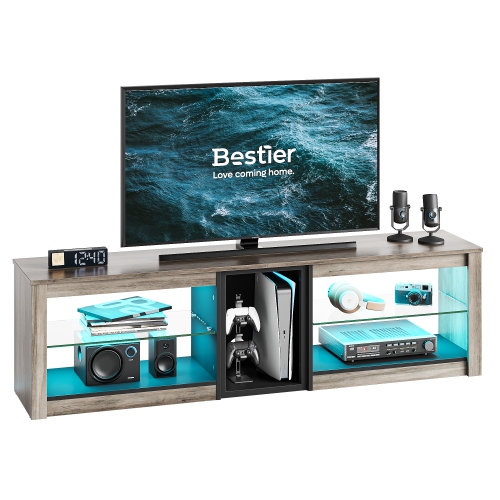 BESTIER  Tv Stand for 70 Inch Tv, Gaming Entertainment Center for Ps5, Led Tv Cabinet With Glass Shelves for Living Room, 63" Inch Wash In Grey