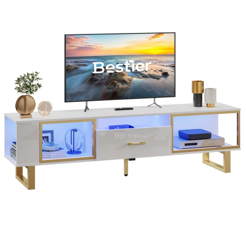 BESTIER  Tv Stand \w Led Light for Tvs Up to 80 Inch, Modern Entertainment Center \w Open Storage And Half-Glass Design Drawer, High Gloss Media