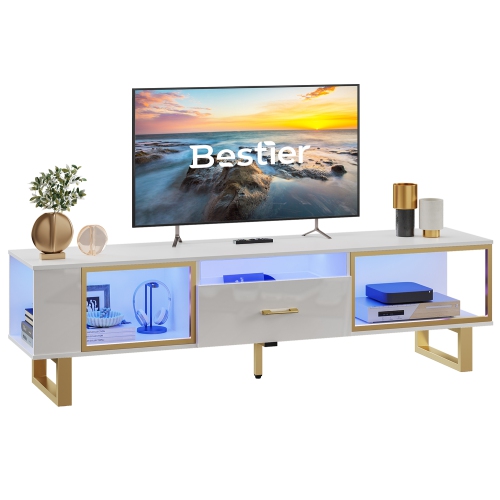 Bestier TV Stand with LED Light for TVs up to 80 inch, Modern Entertainment Center with Open Storage and Half-Glass Design Drawer, High Gloss Media