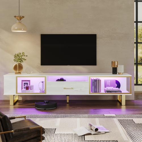 Bestier TV Stand with LED Light for TVs up to 80 inch, Modern Entertainment Center with Open Storage and Half-Glass Design Drawer, High Gloss Media