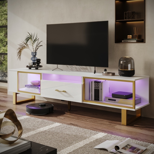 Bestier TV Stand with LED Light for TVs up to 80 inch, Modern Entertainment Center with Open Storage and Half-Glass Design Drawer, High Gloss Media