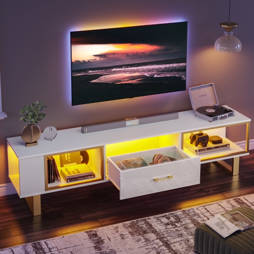 Bestier TV Stand with LED Light for TVs up to 80 inch, Modern Entertainment Center with Open Storage and Half-Glass Design Drawer, High Gloss Media