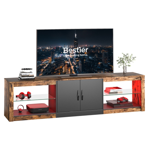 Bestier 70 Inch Led TV Stand for 75 Inch TV Large Entertainment Center Gaming with Adjustable Glass Shelves Two Cabinets Modern TV Console for Living