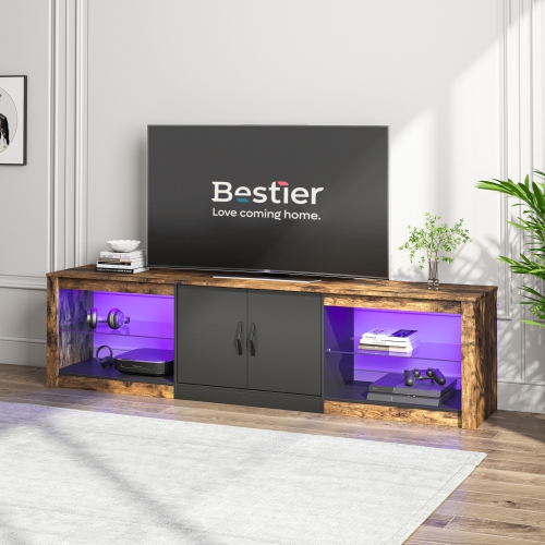 Bestier 70 Inch Led TV Stand for 75 Inch TV Large Entertainment Center Gaming with Adjustable Glass Shelves Two Cabinets Modern TV Console for Living
