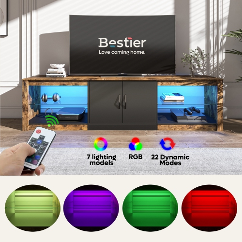 Bestier 70 Inch Led TV Stand for 75 Inch TV Large Entertainment Center Gaming with Adjustable Glass Shelves Two Cabinets Modern TV Console for Living