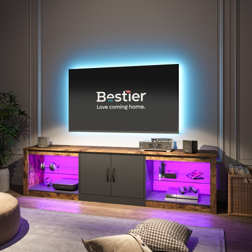 Bestier 70 Inch Led TV Stand for 75 Inch TV Large Entertainment Center Gaming with Adjustable Glass Shelves Two Cabinets Modern TV Console for Living
