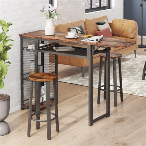 Bestier Bar Table and Chair Set, Industrial Expandable Dining Table with 2 Bar Stools, Kitchen Counter with Wine Rack & 3 Tier Adjustable Storage