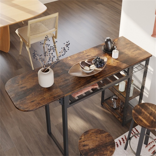 Bestier Bar Table and Chair Set, Industrial Expandable Dining Table with 2 Bar Stools, Kitchen Counter with Wine Rack & 3 Tier Adjustable Storage