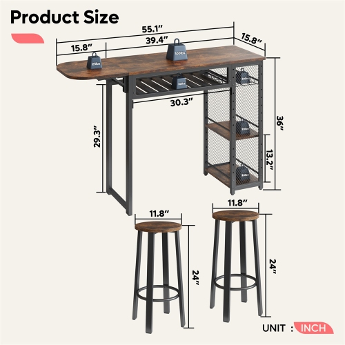 Bestier Bar Table and Chair Set, Industrial Expandable Dining Table with 2 Bar Stools, Kitchen Counter with Wine Rack & 3 Tier Adjustable Storage