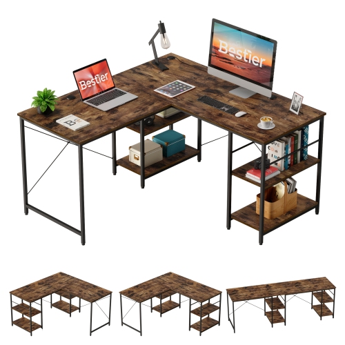 Bestier L Shaped Desk with Shelves 86.6 Inch Reversible Corner Computer Desk or 2 Person Long Table for Home Office Large Gaming Writing Storage