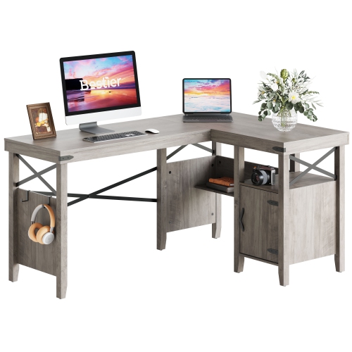 Bestier L-Shaped Home Office Computer Desk with Storage Cabinet, Farmhouse Office Table for Writing Study