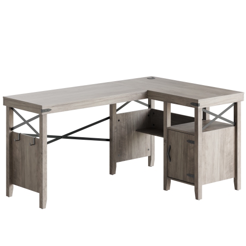 Bestier L-Shaped Home Office Computer Desk with Storage Cabinet, Farmhouse Office Table for Writing Study