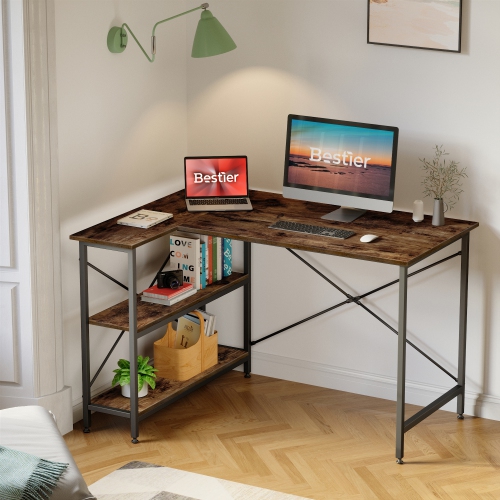 Bestier Small L Shaped Desk with Shelves 47 Inch Reversible Corner Computer Desk Writing Gaming Storage Table for Home Office Small Space, Rustic