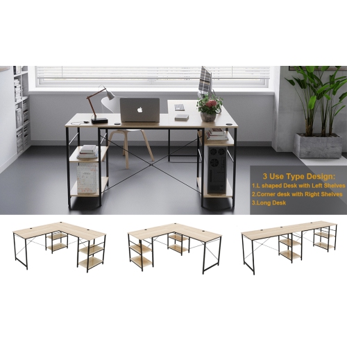 Bureau en L Bestier avec tablettes, bureau d'ordinateur en coin réversible de 95,2 po ou table longue pour 2&nbsp;personnes pour le bureau à