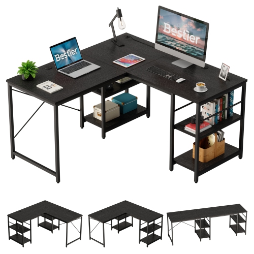 Bestier L Shaped Desk with Shelves 86.6 Inch Reversible Corner Computer Desk  or 2 Person Long Table for Home Office Large Gaming Writing Storage