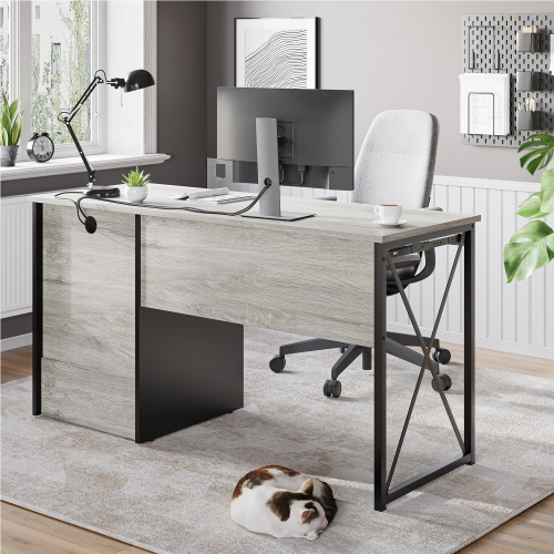 Bestier Industrial Desk with Storage Drawers 55 inch Writing Study Computer Table Workstation with Keyboard Tray for Home Office, Light Gray Oak