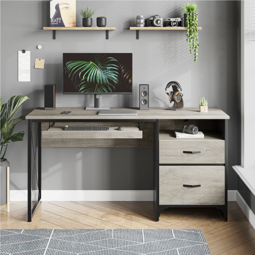 Bestier Industrial Desk with Storage Drawers 55 inch Writing Study Computer Table Workstation with Keyboard Tray for Home Office, Light Gray Oak