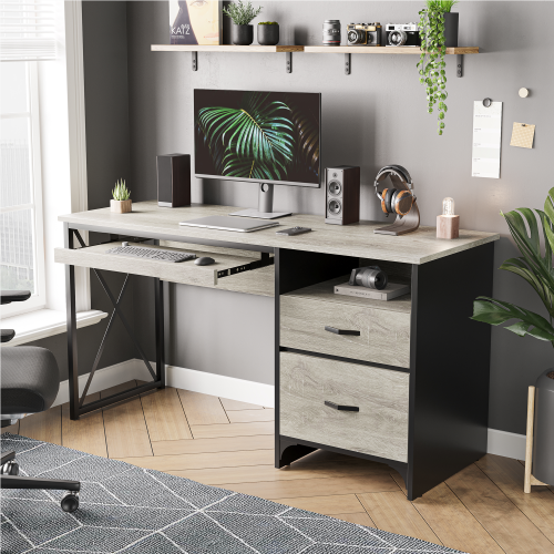 Bestier Industrial Desk with Storage Drawers 55 inch Writing Study Computer Table Workstation with Keyboard Tray for Home Office, Light Gray Oak