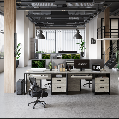 Bestier Industrial Desk with Storage Drawers 55 inch Writing Study Computer Table Workstation with Keyboard Tray for Home Office, Light Gray Oak