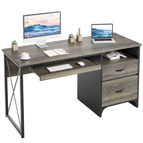 Bestier Industrial Desk with Storage Drawers 55 inch Writing Study Computer Table Workstation with Keyboard Tray for Home Office, Gray