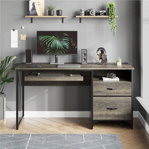 Bestier Industrial Desk with Storage Drawers 55 inch Writing Study Computer Table Workstation with Keyboard Tray for Home Office, Gray
