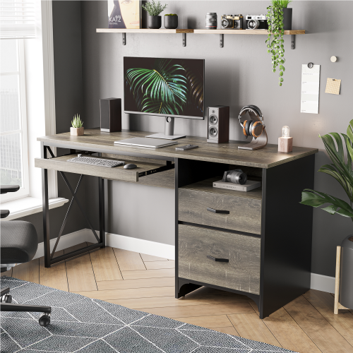 Bestier Industrial Desk with Storage Drawers 55 inch Writing Study Computer Table Workstation with Keyboard Tray for Home Office, Gray