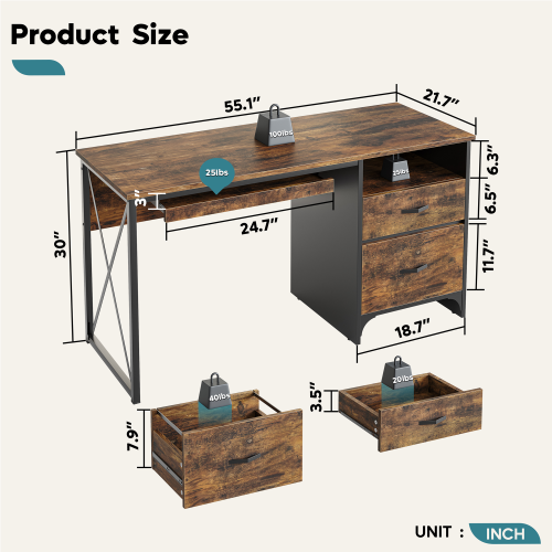Bestier Industrial Desk with Storage Drawers 55 inch Writing Study Computer Table Workstation with Keyboard Tray for Home Office, Rustic Brown