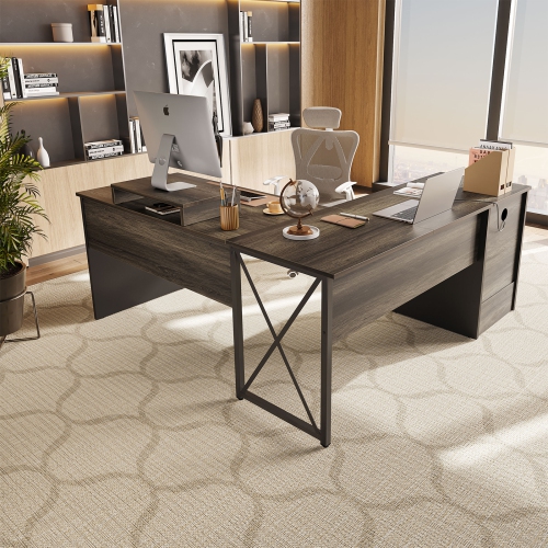 Bestier – Bureau en L à dessus relevable avec tiroir classeur, bureau de 55 x 55 po avec tiroirs de rangement réversibles, bureau debout en L