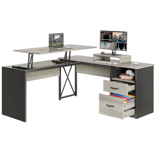 Bestier – Bureau en L à dessus relevable avec tiroir classeur, bureau de 55 x 55 po avec tiroirs de rangement réversibles, bureau debout en L avec su