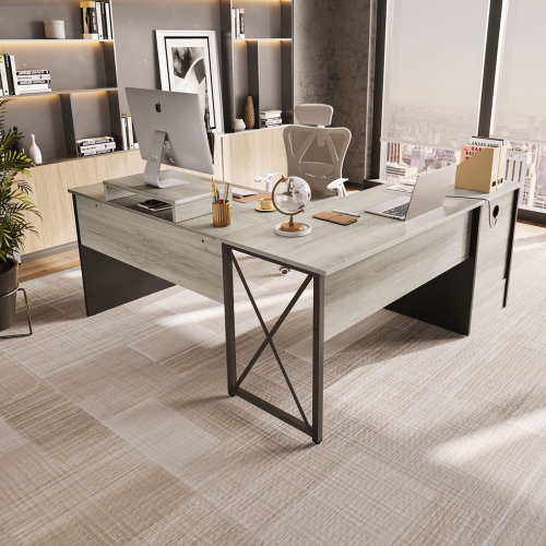 Bestier – Bureau en L à dessus relevable avec tiroir classeur, bureau de 55 x 55 po avec tiroirs de rangement réversibles, bureau debout en L