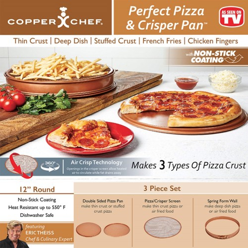 COPPER CHEF 12" inch Pizza & Crisper Pan Set, 3-PC Pizza Pan Set with Double-Sided Pan, Crisper Screen, Spring Form Wall, Non-Stick Coating, Heat