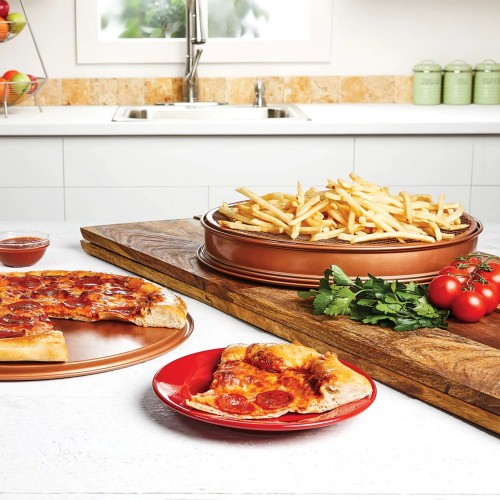 COPPER CHEF 12" inch Pizza & Crisper Pan Set, 3-PC Pizza Pan Set with Double-Sided Pan, Crisper Screen, Spring Form Wall, Non-Stick Coating, Heat