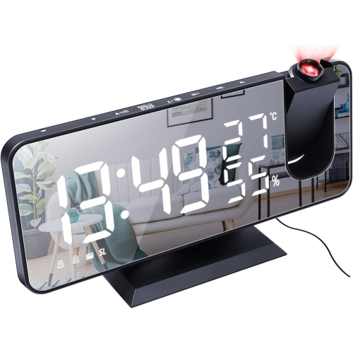 navor LED Digital Alarm Projection Clock FM Radio with USB Charging Port, Dual Alarm & Snooze, Temperature & Humidity Display, Dimmer, Timer, Adjusta