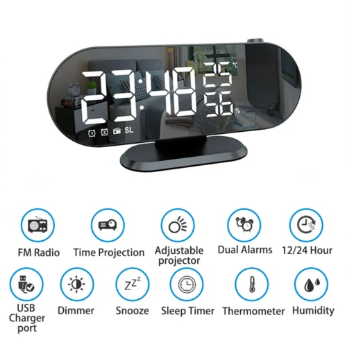 Radio FM à projection d'alarme numérique DEL de Navor avec port de recharge USB, alarme double, affichage de la température et de l'humidité,